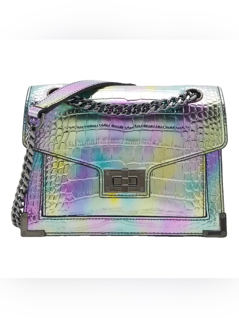 The Kooples Iridescent Croc-Embossed Shoulder Bag - Pastel Green, Purple, Blue